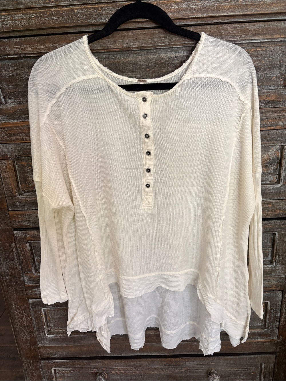 Free People Ivory Waffle-Knit Henley Pullover